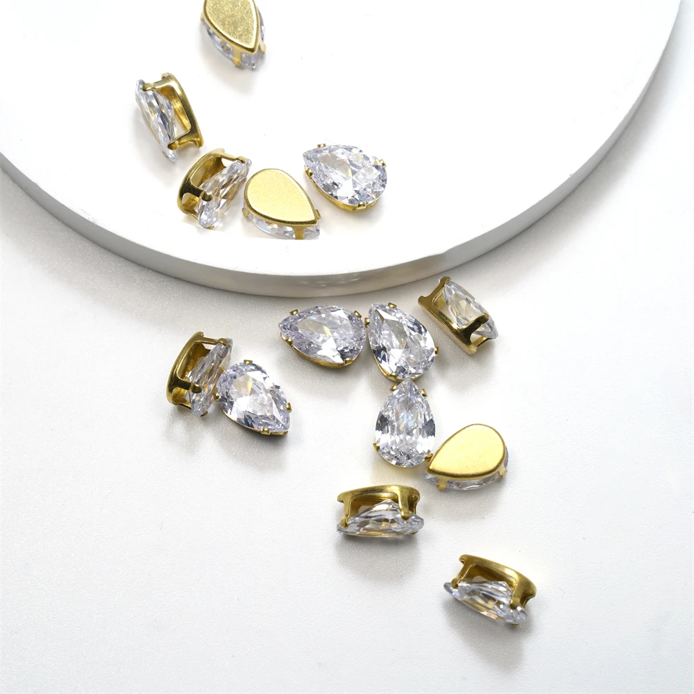 Hot Sale Drop Shape Sewn Crystal Rhinestone Zircon Plated Golde Copper Base Garment Accessories