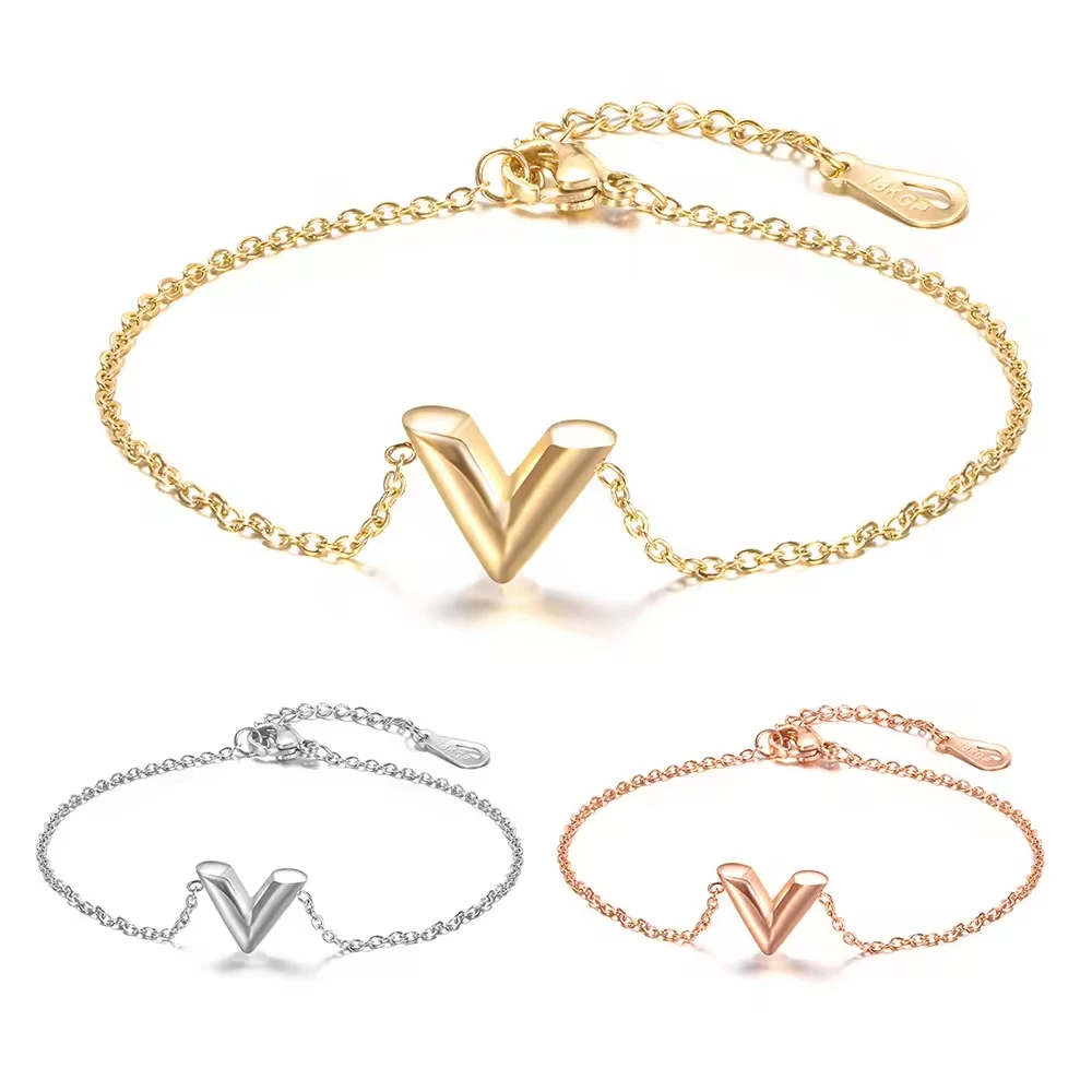 Triangle V Shape Letter Charm Bracelet For Women Couple Jewelry Gold Thin Chain Bracelets bijoux en acier inoxydable