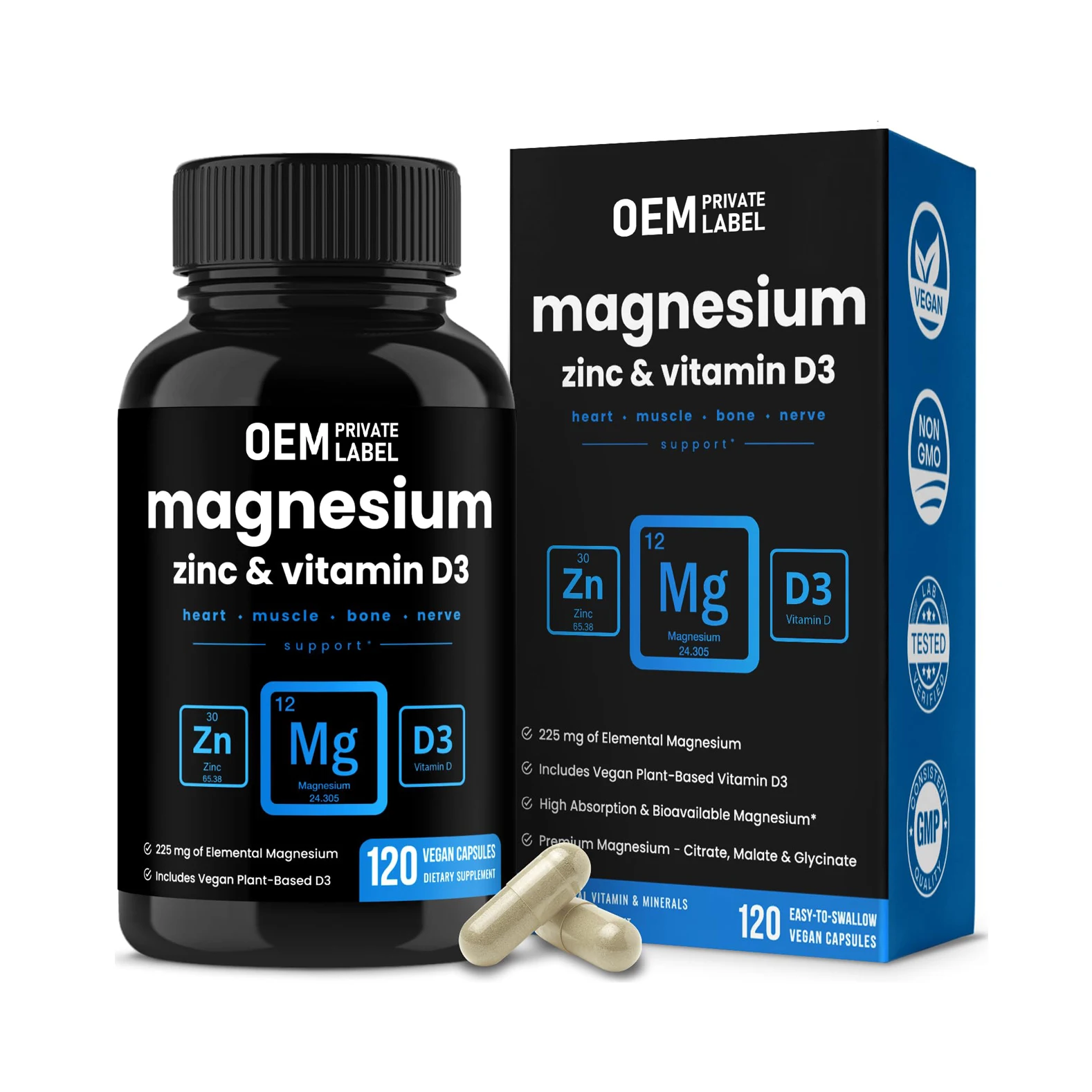 OEM Magnesium Glycinate Vegan Capsules 225mg Magnesium Glycinate Tablets With Zinc Vitamin D3 For Nerves Muscles,Bone Strength