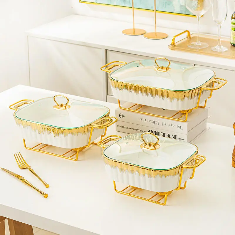 European Luxury Rectangle Ceramic Dry Pot Food Warmer Set Chafing Dish Wedding Hotel Equipment Hot Cookware Sets with Lid