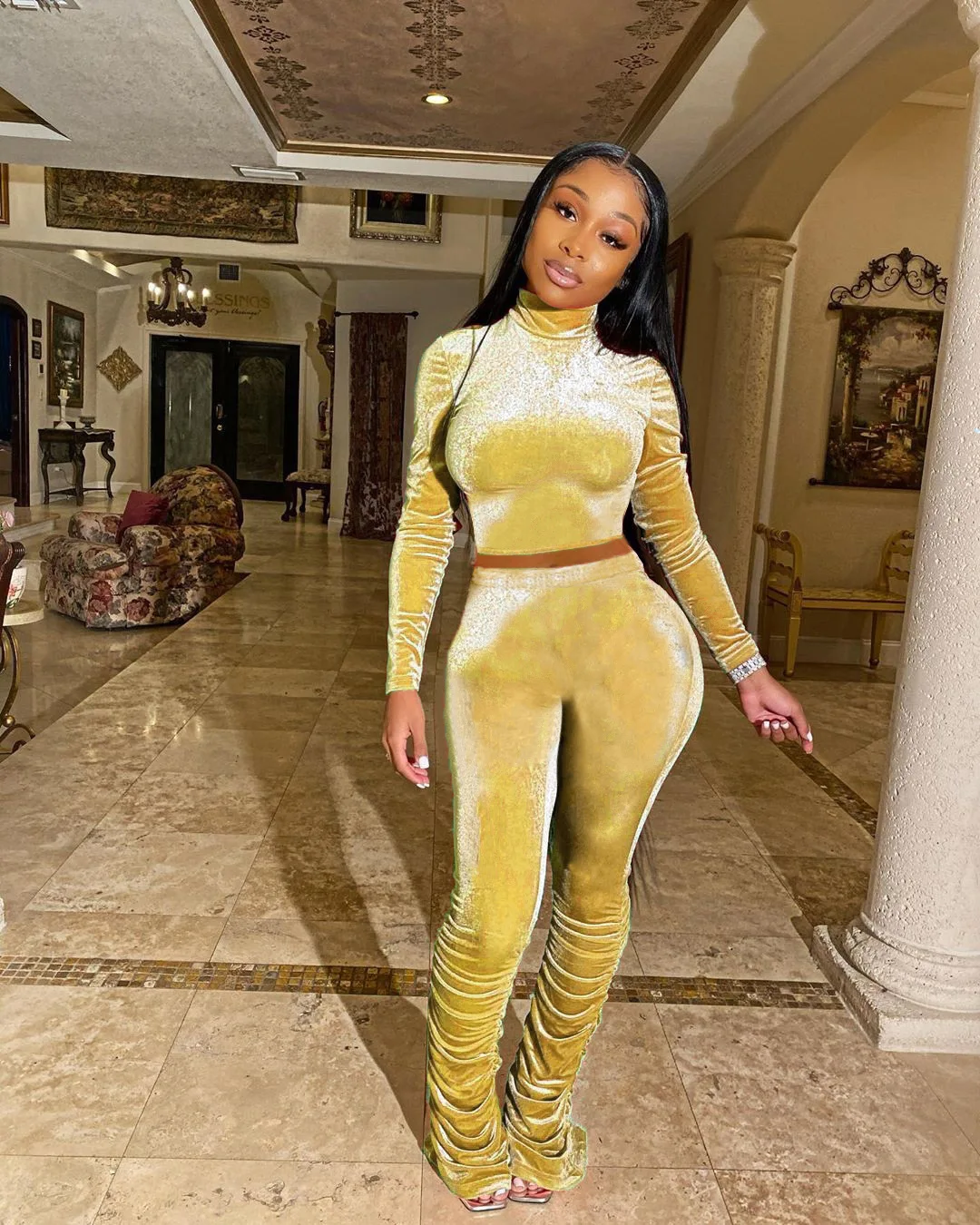 Velvet Track Suits Stacked Pants 2022 Winter Outfits For Women Turtle Neck Top Velour Lady Tracksuit