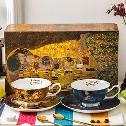 Klimt Famous Painting Bone China Tea Cup and Saucer Sets for 2 Person
