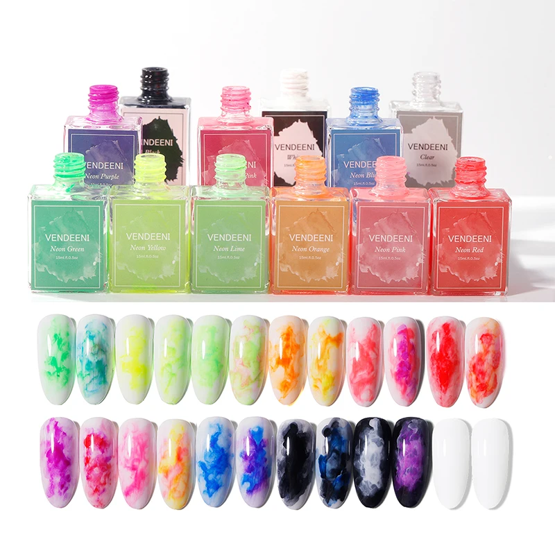 Vendeeni High Pigmented Blooming Nail Polish Marble Inks Watercolor Blooming Ink Nail Polish Gel