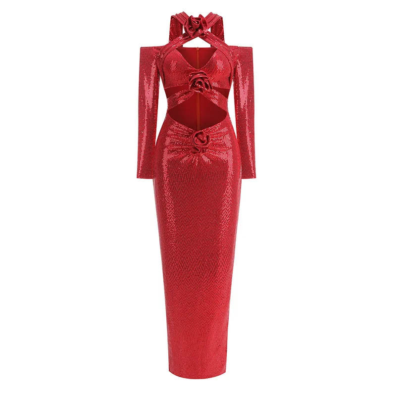 A9100 European Style Hollow Out Women Maxi Prom Dress Red Sequined Ladies Evening Party Dress
