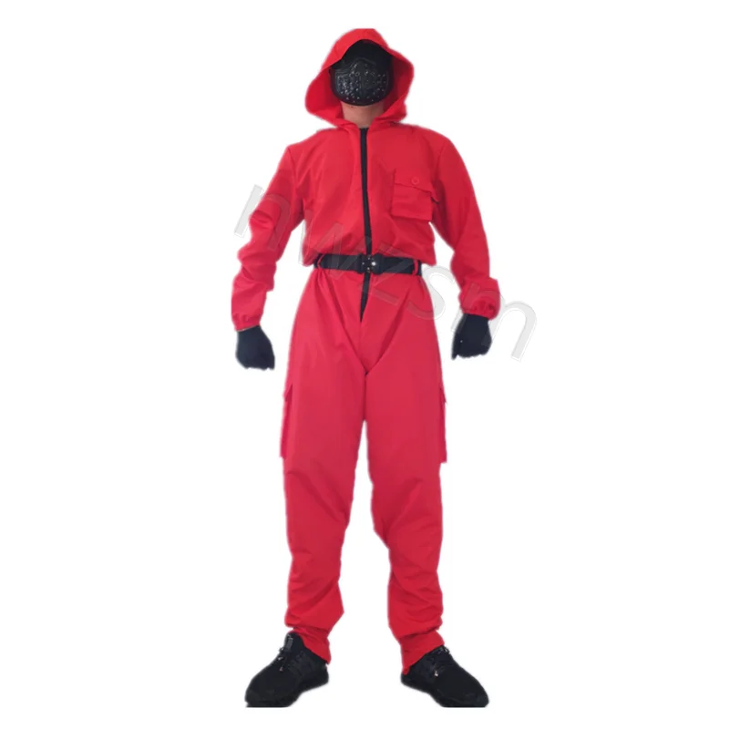 Korea teleplay Squid game villain Red jumpsuit cosplay costume Halloween party Round Six mask