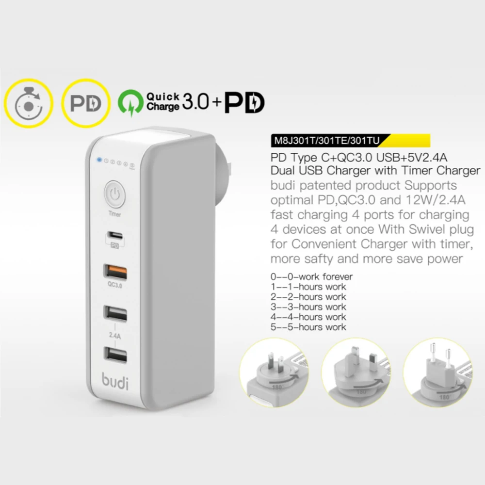 3 порта usb аккумулятор таймер pd зарядное устройство с таймером серийной дорожное для мобильных телефонов smart qc3.0