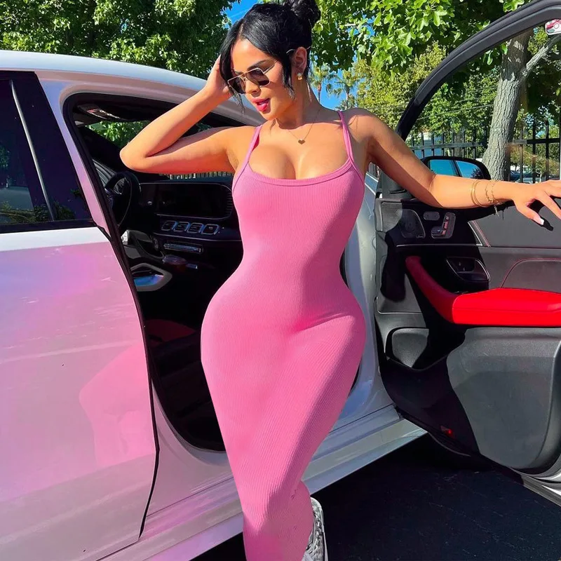 B27535 - modern rib knit sleeveless plain halter simple bodycon casual long dresses for women