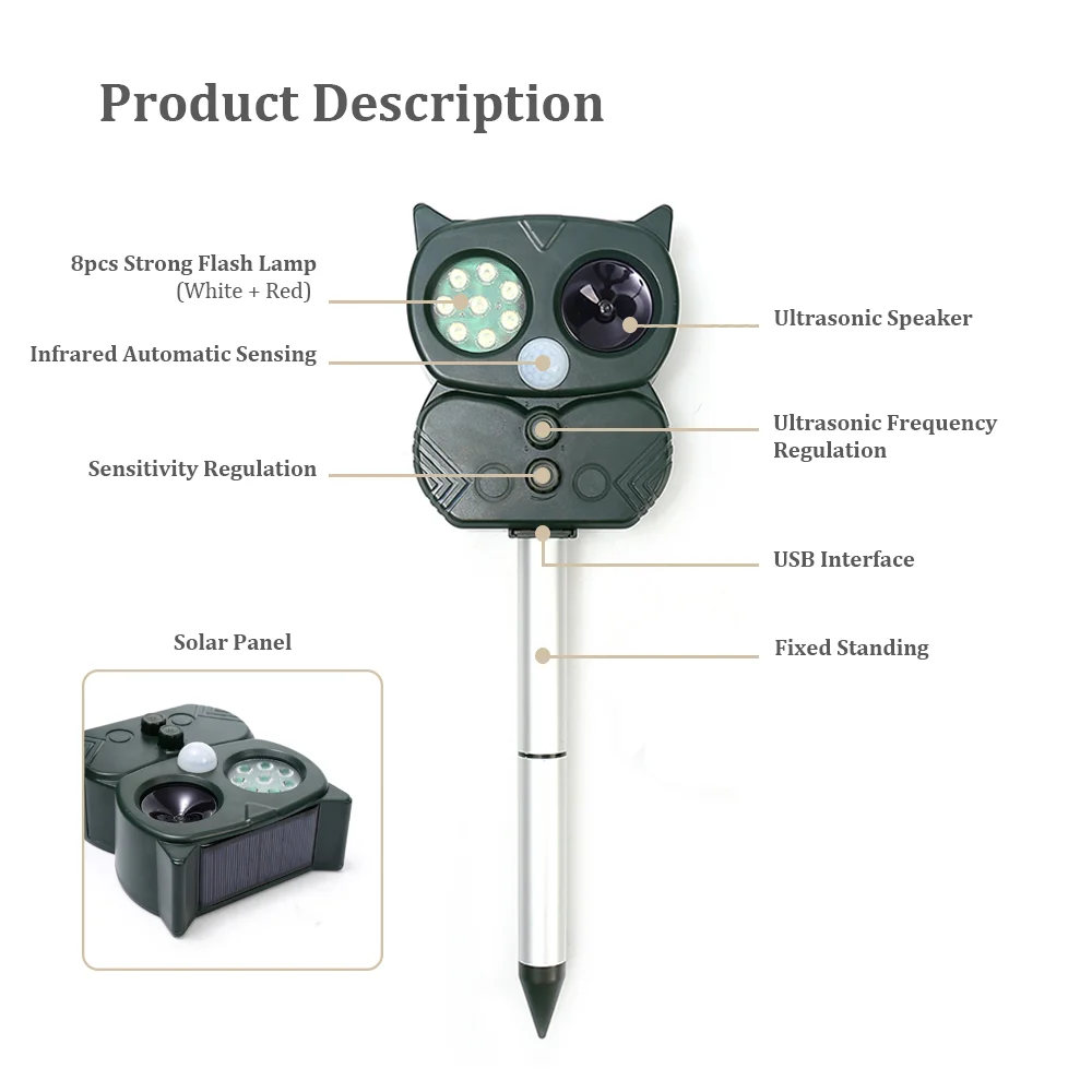 2023 New Solar Animal Repeller 5 Gear 8 LEDs Infrared Sensor Owl Ultrasonic Bird Cat Dog Beer Repeller IP65 Outdoor Garden