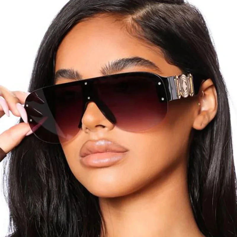 Female One Piece Rimless Half Round Sunglasses 2024 Fashion Pilot Brand Designer Sun Glasses For Women Men Big Gradient Shades