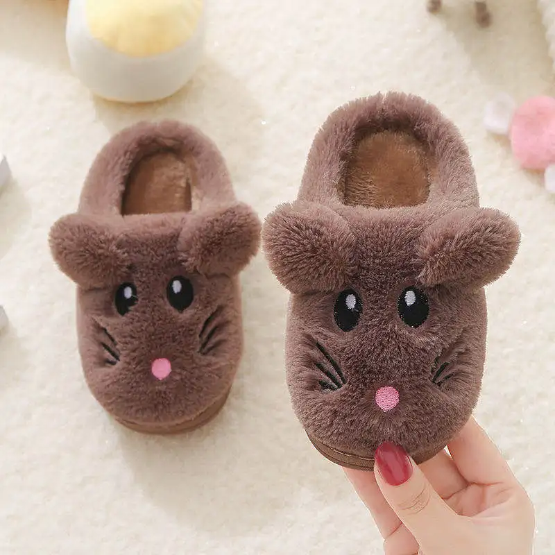 
custom indoor cute cartoon plush winter bedroom kids faux fur animal slippers 