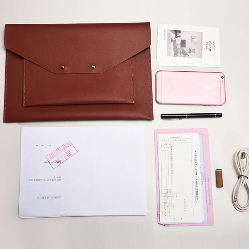 Office Document File Storage Bag Thin PU Leather A4 A5 A6 Envelope Files Pocket Phone Laptop Zipper Sleeve Cover