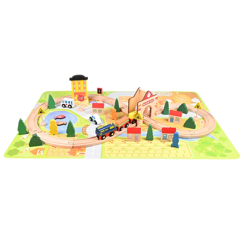 54 Pieces Wooden Train Tracks Set with Train,Cars,Trees and Beautiful Town set,High Quality Wood Toys for Children