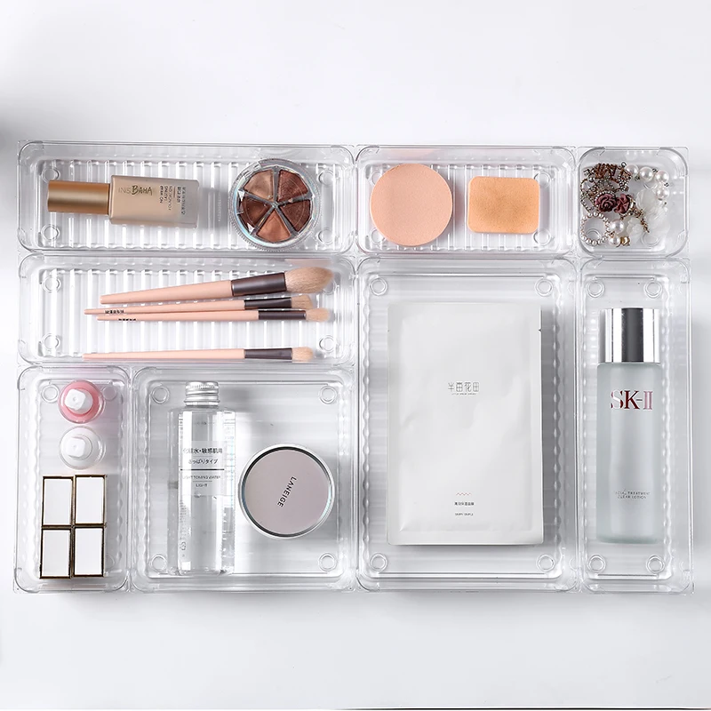 Versatile Clear Storage Box Sets Stackable Desk Storage Bins Plastic Drawer Organizer Trays