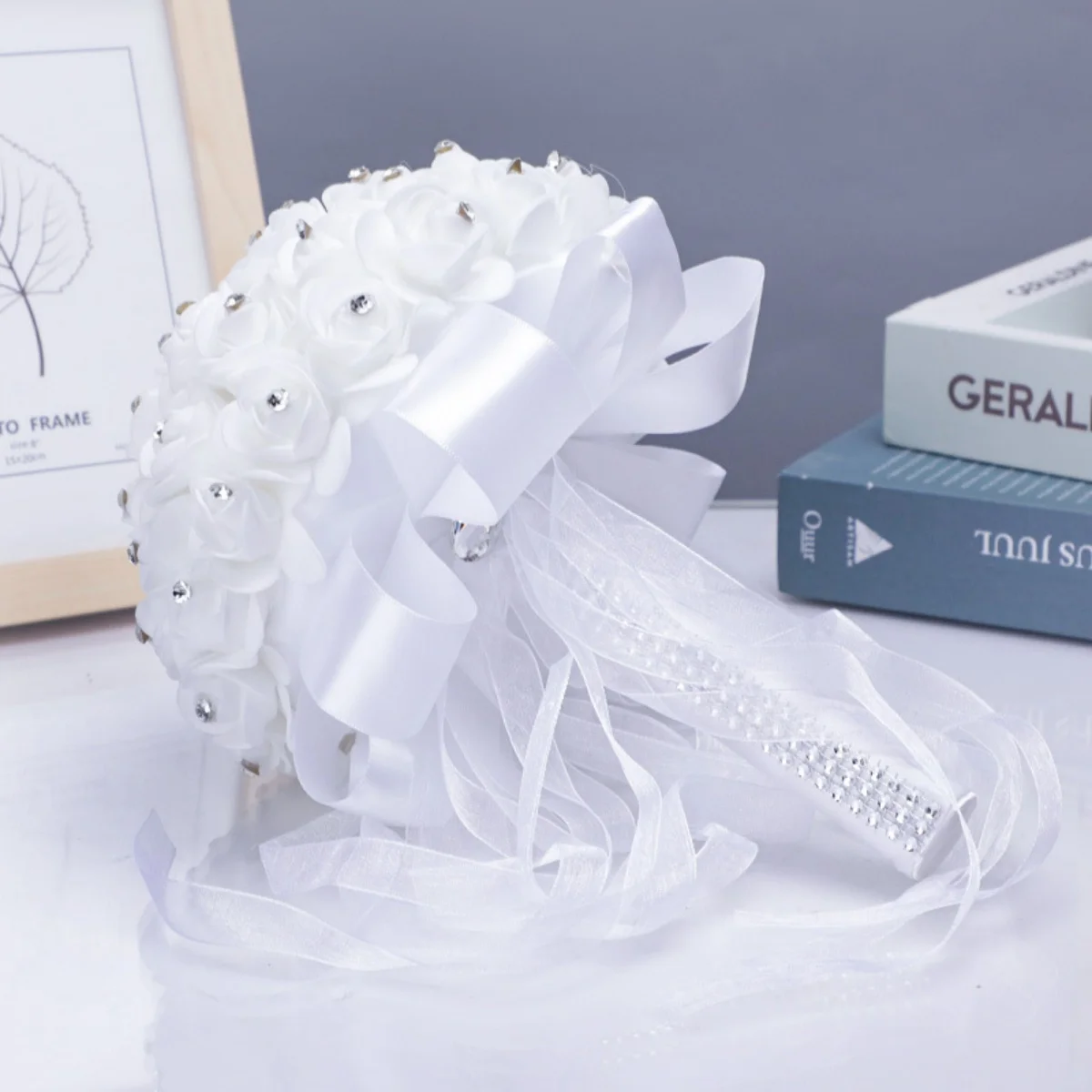 Handmade Crystal Ribbon & Rhinestone Wedding Bouquet Bridal Artificial Flowers for Bridesmaids Wedding Decorations