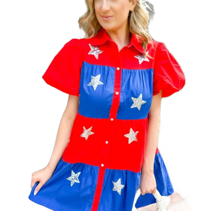 WINGTU Custom Logo Party Poplin Color Block Star Sequin Mini Dress For Women