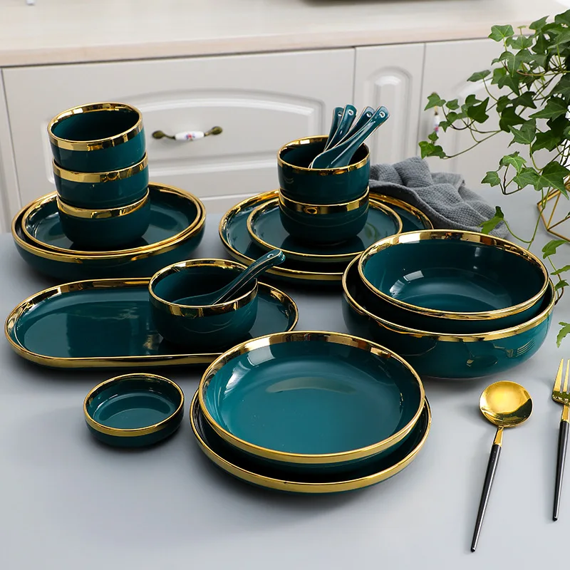 Manufacturer Custom Nordic Green Black Pink White Tableware Ceramic Dinner Tableware Set Restaurant Home Porcelain Dinner Set