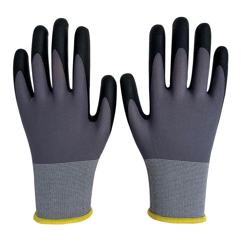 15 Gauge Grey Nylon and Spandex Knitting Black Nitrile Foam Palm Coated Gloves