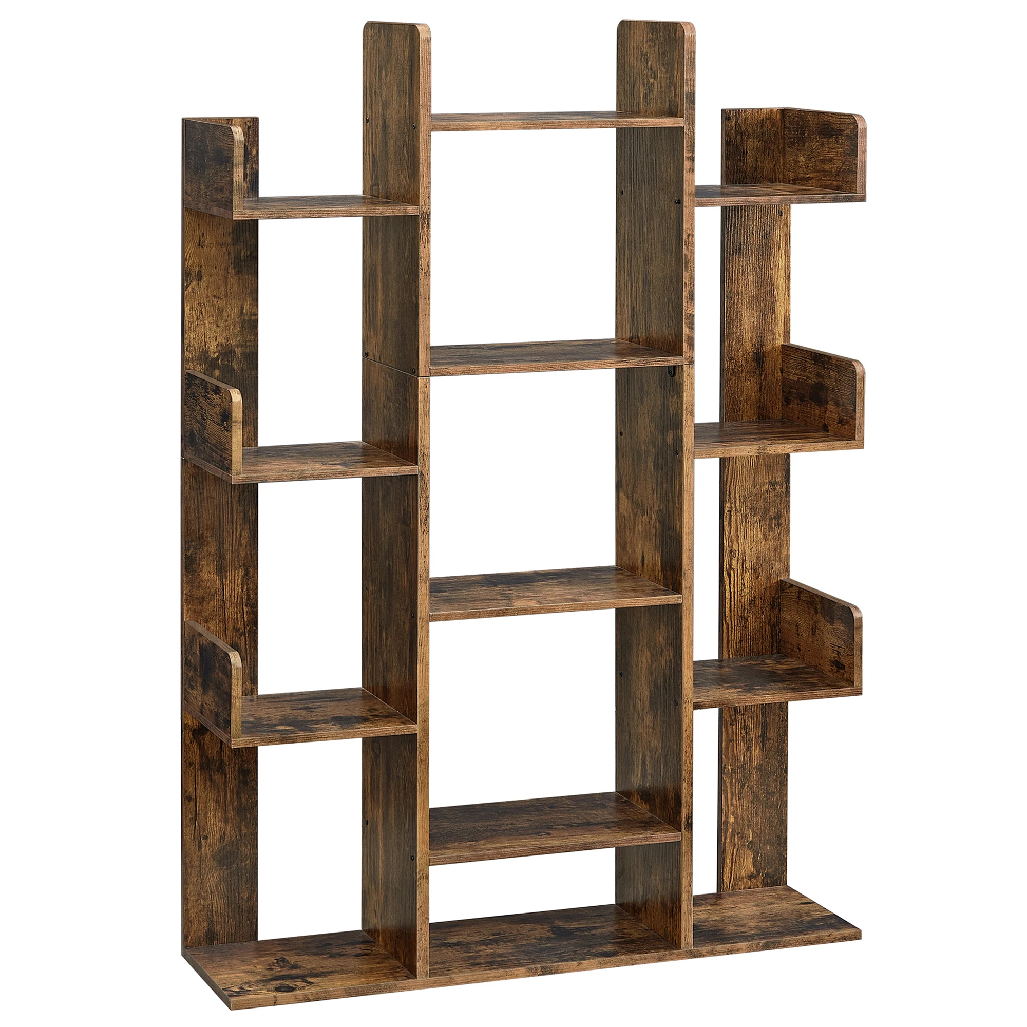 Книжная полка VASAGLE в деревенском стиле из коричневого дерева, с закругленными углами, стойка в форме дерева, книжный шкаф с 13 полками для хранения