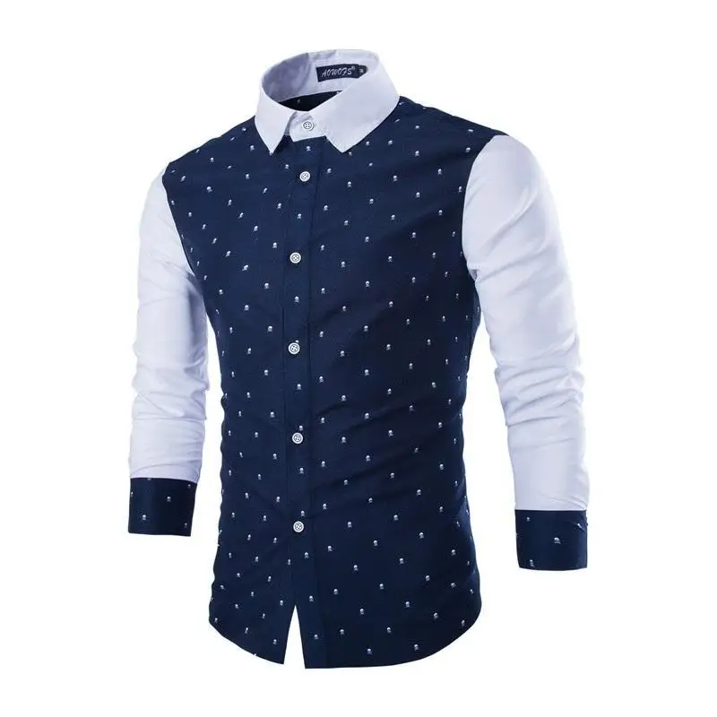 FanLi OEM Custom Printing Patchwork Slim Casual Skull Print Lapel Collard Shirts For Men