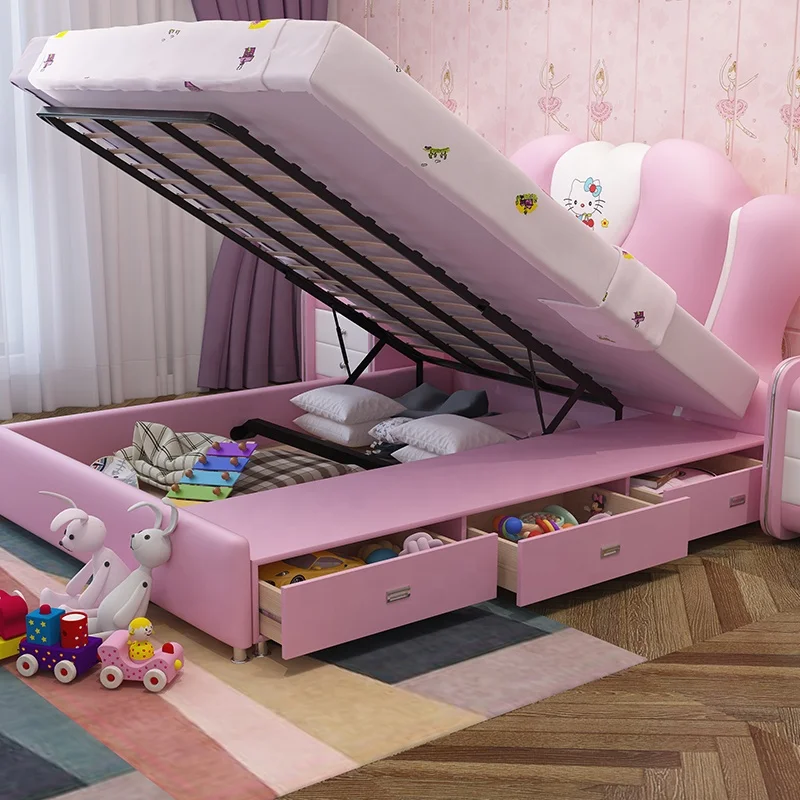 
Latest double bed designs pink color children bed girls folding kids bed with storage CB07 