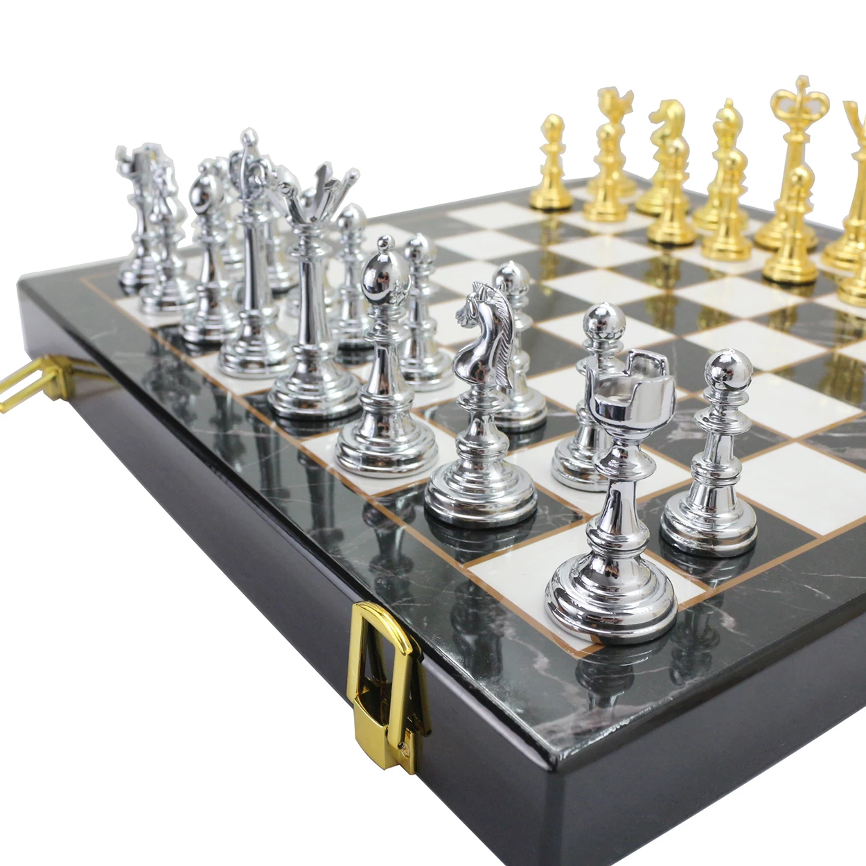 14 Inches Marble Chess Set felted Marble Design Wood Chess Board Metal Chess Pieces Figures Set