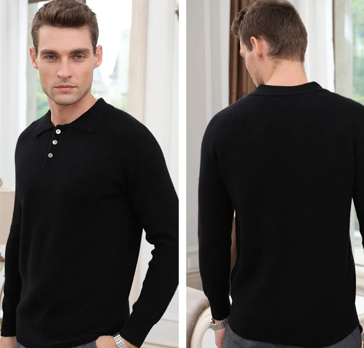 Fashion style polo neck button classic business men sweater wholesale price cashmere jumper men