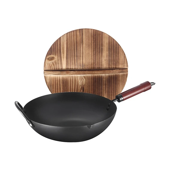 Chinese Carbon Steel Wok Set- Pre-seasoned Black Steel Wok With Helper Wooden Handle With Wooden Wok Lid