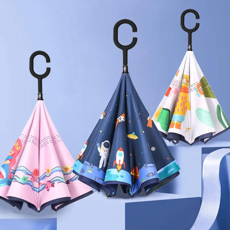 Custom Upside-Down C Hands Free Handle Inside Out Double Layer Sided Car Reserve Inverse Reversible Inverted Reverse Umbrella