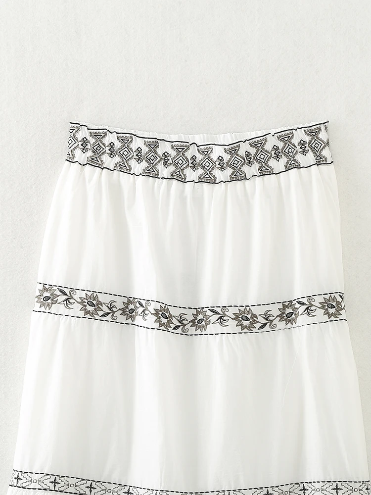 Floral embroidery white color drawstring waist casual fashion cotton long skirt for women