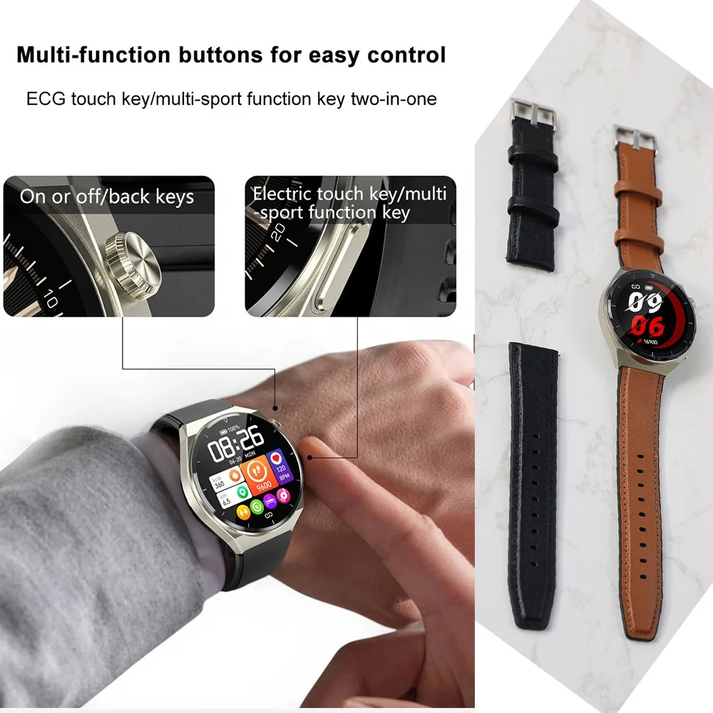 Leather Band wireless charing smartwatch Accurate ECG heart rate Blood Oxygen thermometer Health monitor Smart watch