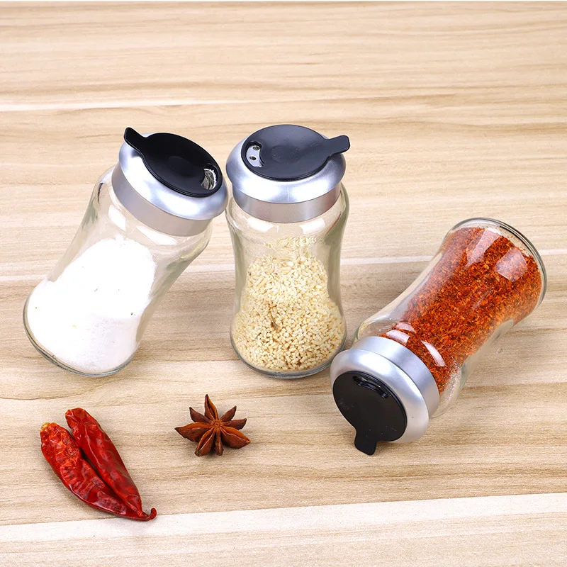 Aeofa glassware Golden Supplier Glass Spice Jar Salt Pepper Dispenser Shaker with Rotating Plastic Lid 3 Kinds of Holes