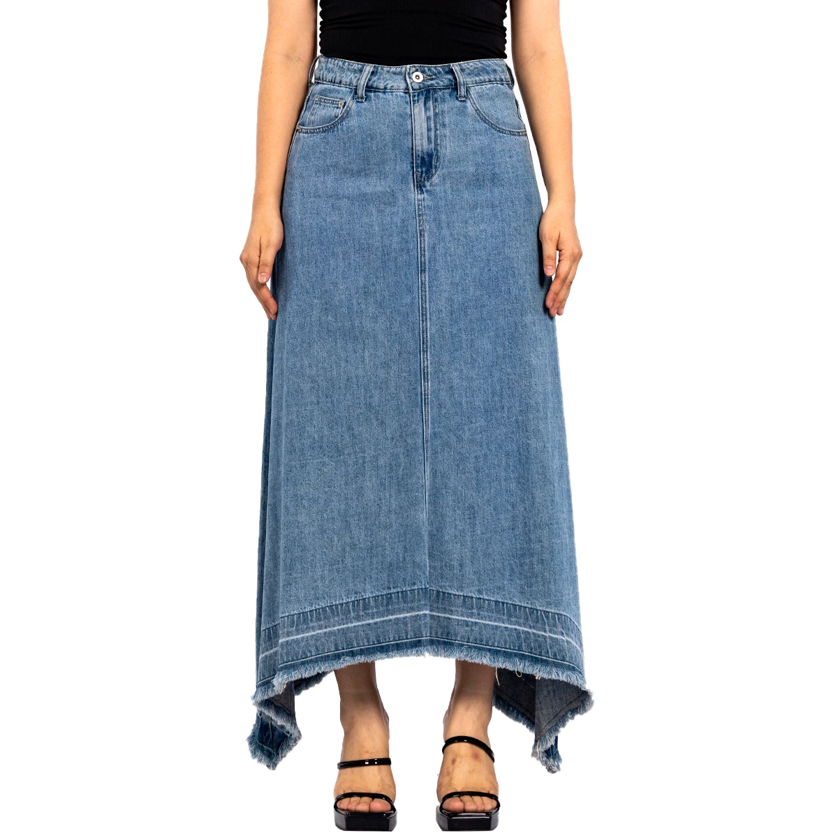 Factory Sale Vintage Asymmetrical Skirt Design Fashion High Waist Raw Edge Long Denim Skirt for Women Fall 2023