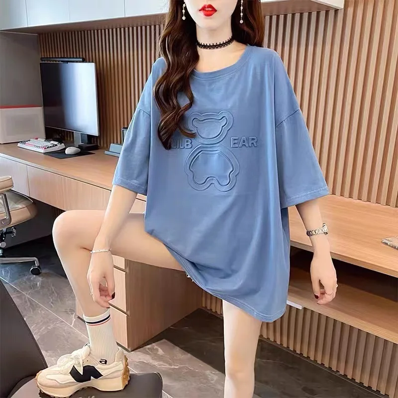 Casual Pure Cotton T-shirt Design, Short Sleeved Loose Large Size Women Long Printed T-shirt Knitted Short Shirts for Women