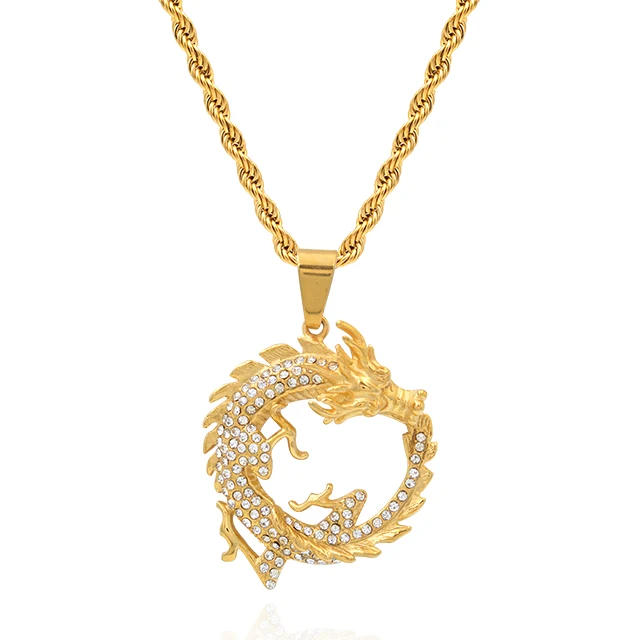 New Stainless Steel Dragon Necklace Zircon Ice Out Pendant 18k Gold Plated