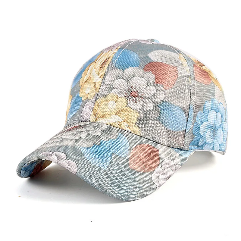 Printed Women Fancy Romantic Flower Baseball Cap Hats 6 Panels Floral 2024 Spring Summer Polyester Bright Adjustable Pink Blue