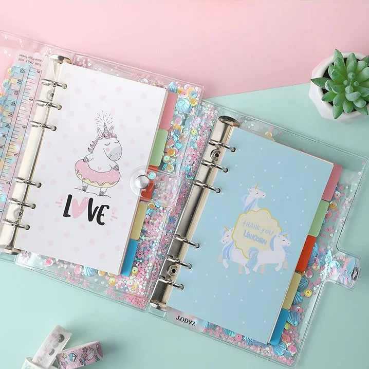Journal Diary Notebooks School Office Supply Kawaii Notebook Oil Quicksand PVC Cover Notebook Glitter Sequins A6 for Students