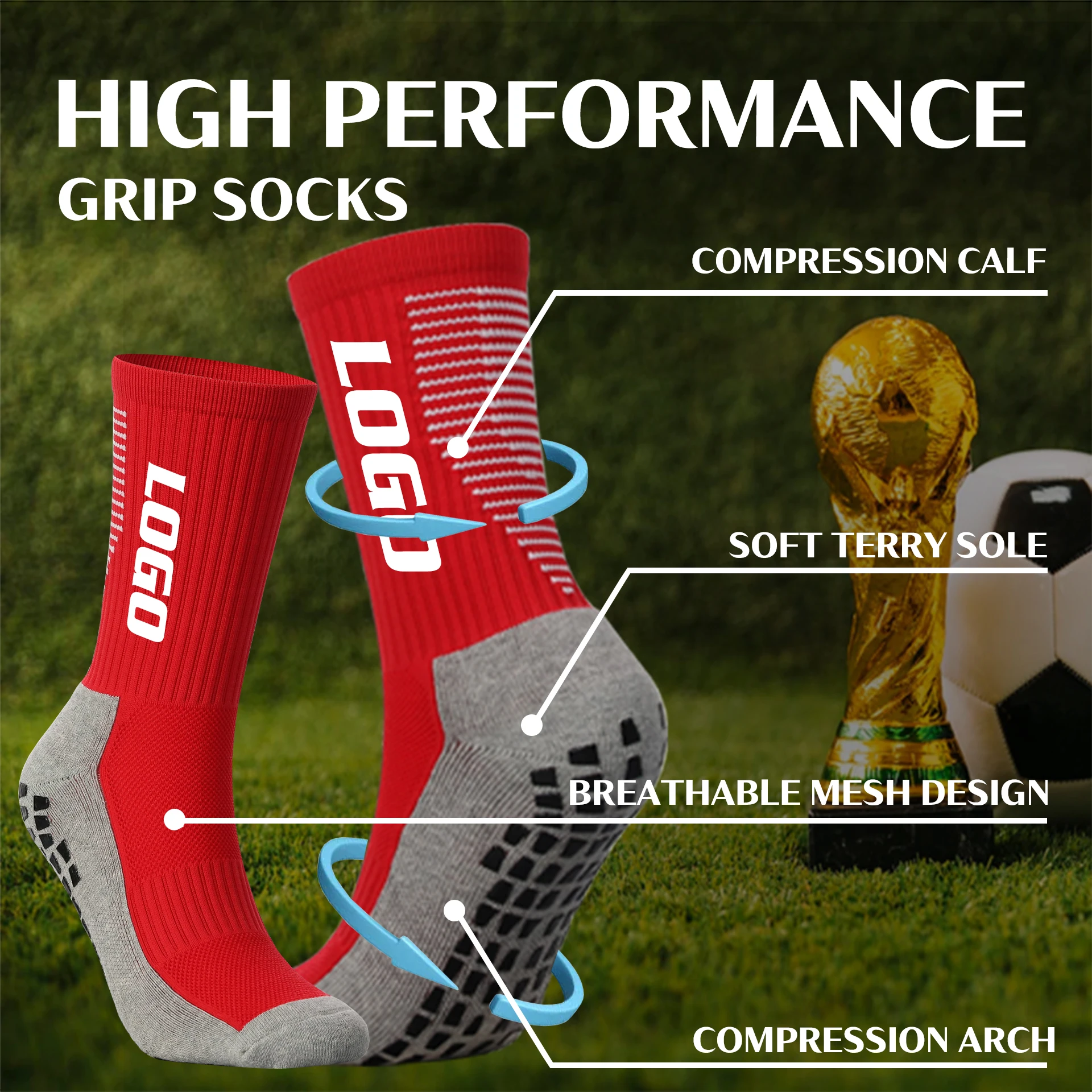 New design trendy custom logo thickened football socks non slip comfortable custom grip socks
