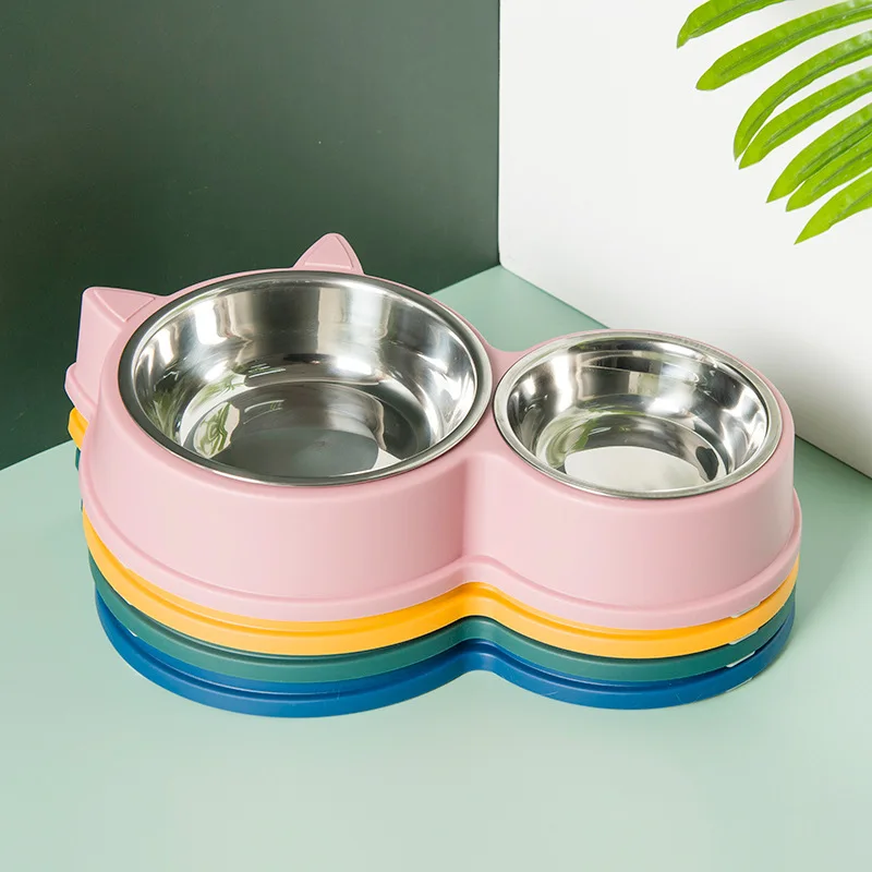 Four color wholesale cat ear design cats and dogs household double bowl pp kitten pet food drinking stainless steel double bowl