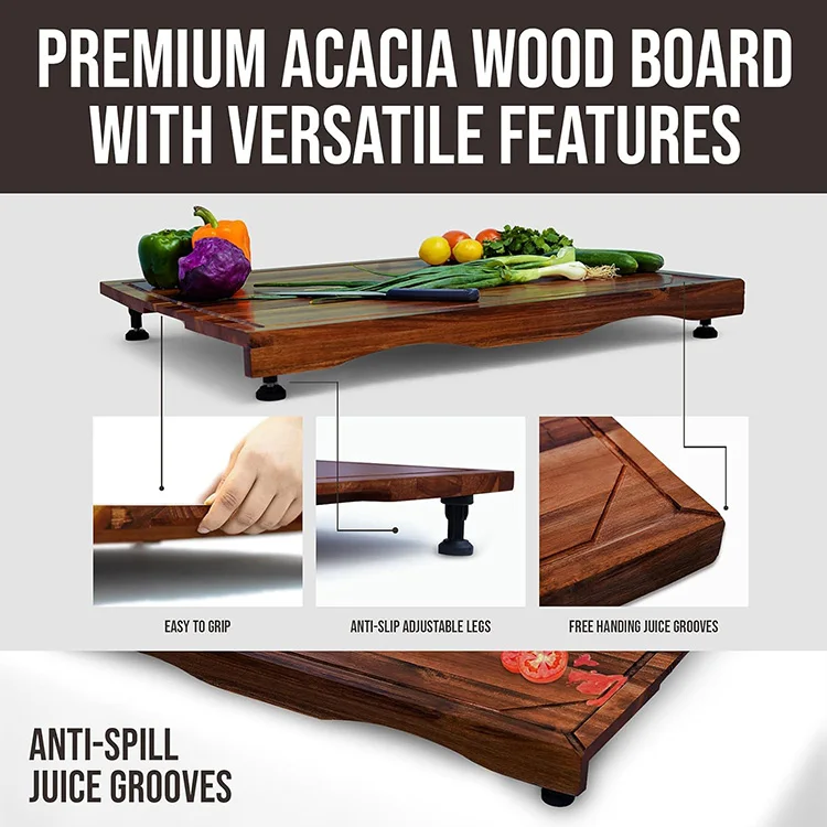 30 Inches Noodle Board Stove Cover Acacia Large Cutting Board Wood Chopping Board with Juice Groove Anti Slip Legs