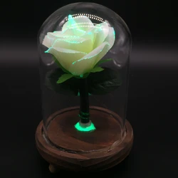 Wholesales Valentine Gift Fiber Optic Led Artificial Red Rose with Glass Dome indoor decoration