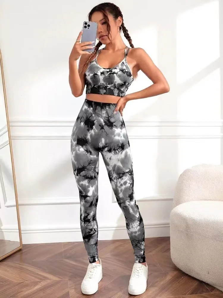 Womens Tie-Dye Yoga Outfits 2 Piece Set High Waist Leggings and Strappy Crisscross Sports Bra Gym Fitness Sets