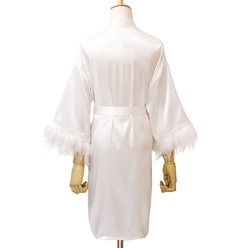 2021 Ostrich Feather Silk Satin Pajama Pink Pajamas With Feathers Wedding Bridal Party Satin Feather Robes