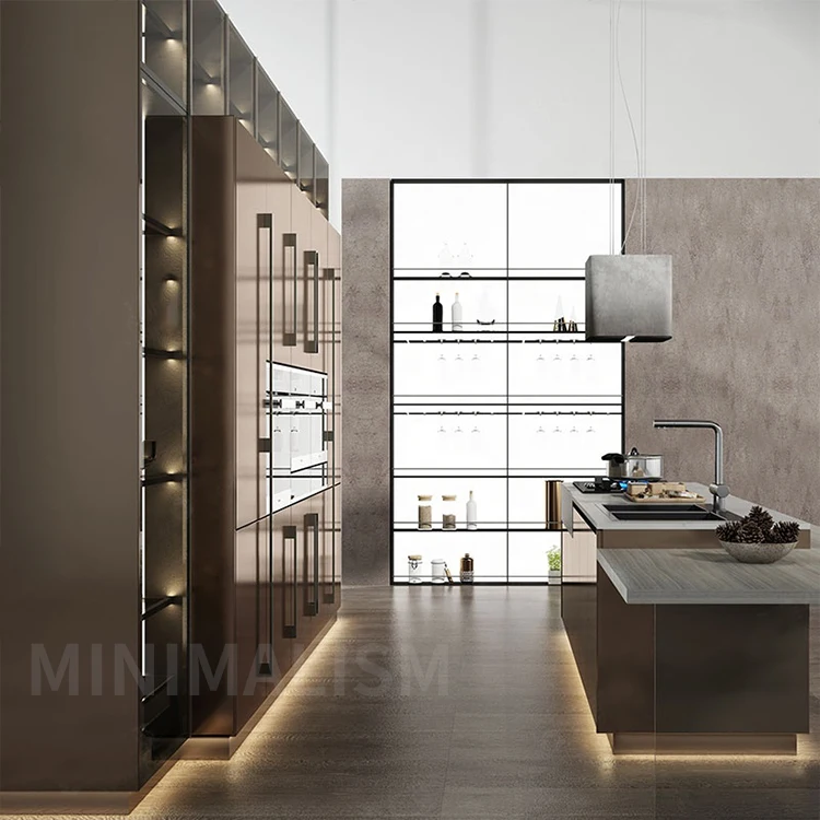 Manufacturer Dust Proof Modern Open French Island Design Complete Metal Laminate Glossy Kitchen Cabinets