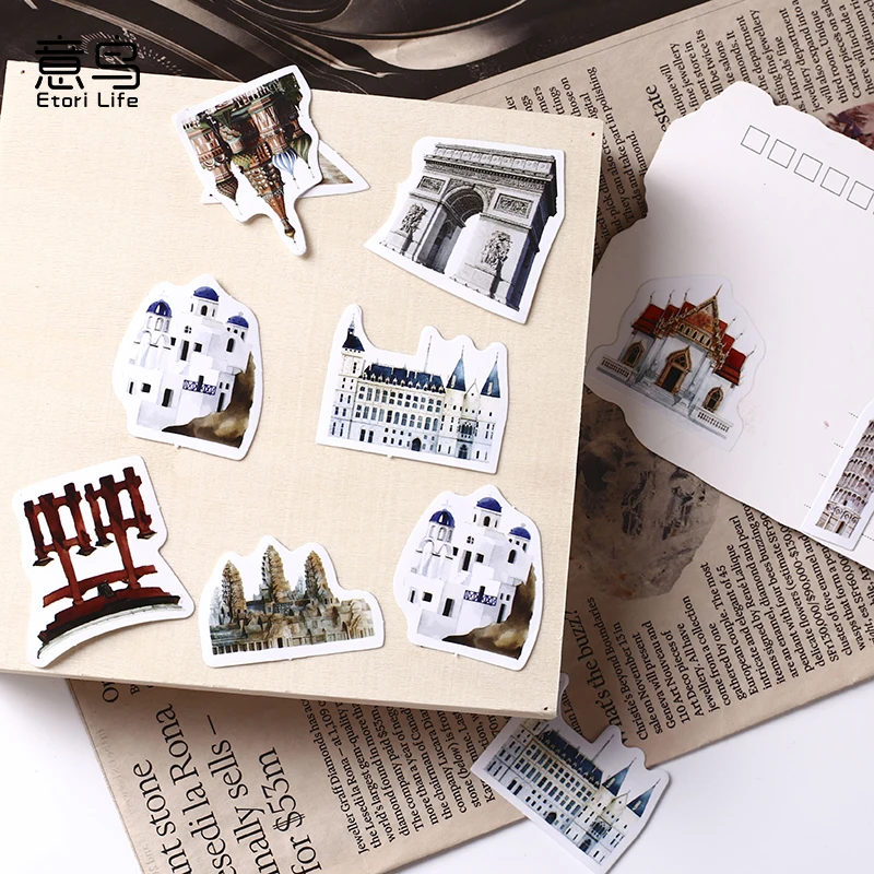 46pcs per pack Places of Interest Series Vintage Mini Boxed Sticker DIY Dairy Decorative Stickers Custom Scrapbooking Sticker