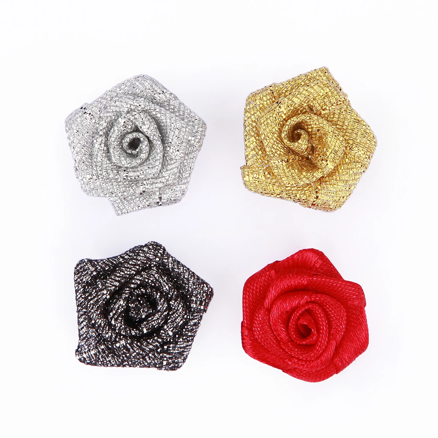 Custom Wholesale 15mm  Mini Ribbon Flowers For Dresses Gold Silver And Colorful Decorative Small Metallic Ribbon  Roses