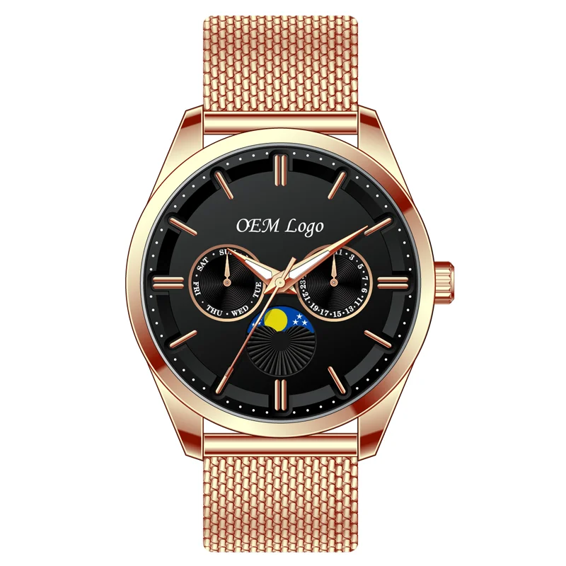 Manufacturer custom made brand logo moonphase watch japan movt quartz stainless steel bezel roles men gold luxury watches