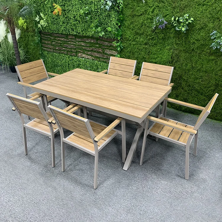 Outdoor Poly Wooden Dining Table And Chairs Plastic Wood Patio Table And Chair Set