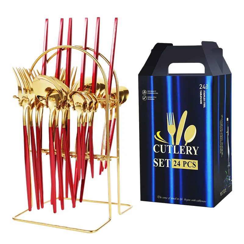 Nordic Juego De Cubiertos Dorado 24 Pcs Red Gold Cutlery Set with Iron Stand Stainless Steel Flatware for Wedding Events