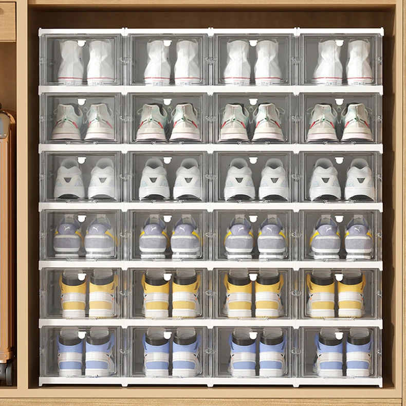 High Quality Plastic Foldable Shoe Storage Container Clear Stackable Drop Front Shoe Box