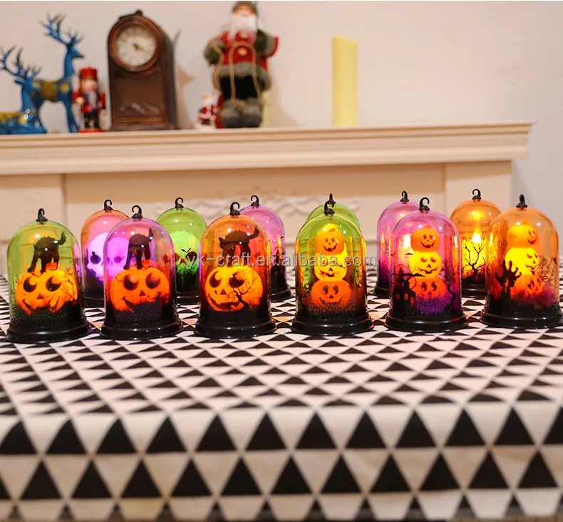 Wholesale Halloween Bell Jar Lamp Decoration Scary Halloween Bell Jar With Led Lights Pumpkin Skull Cat Candle Lantern